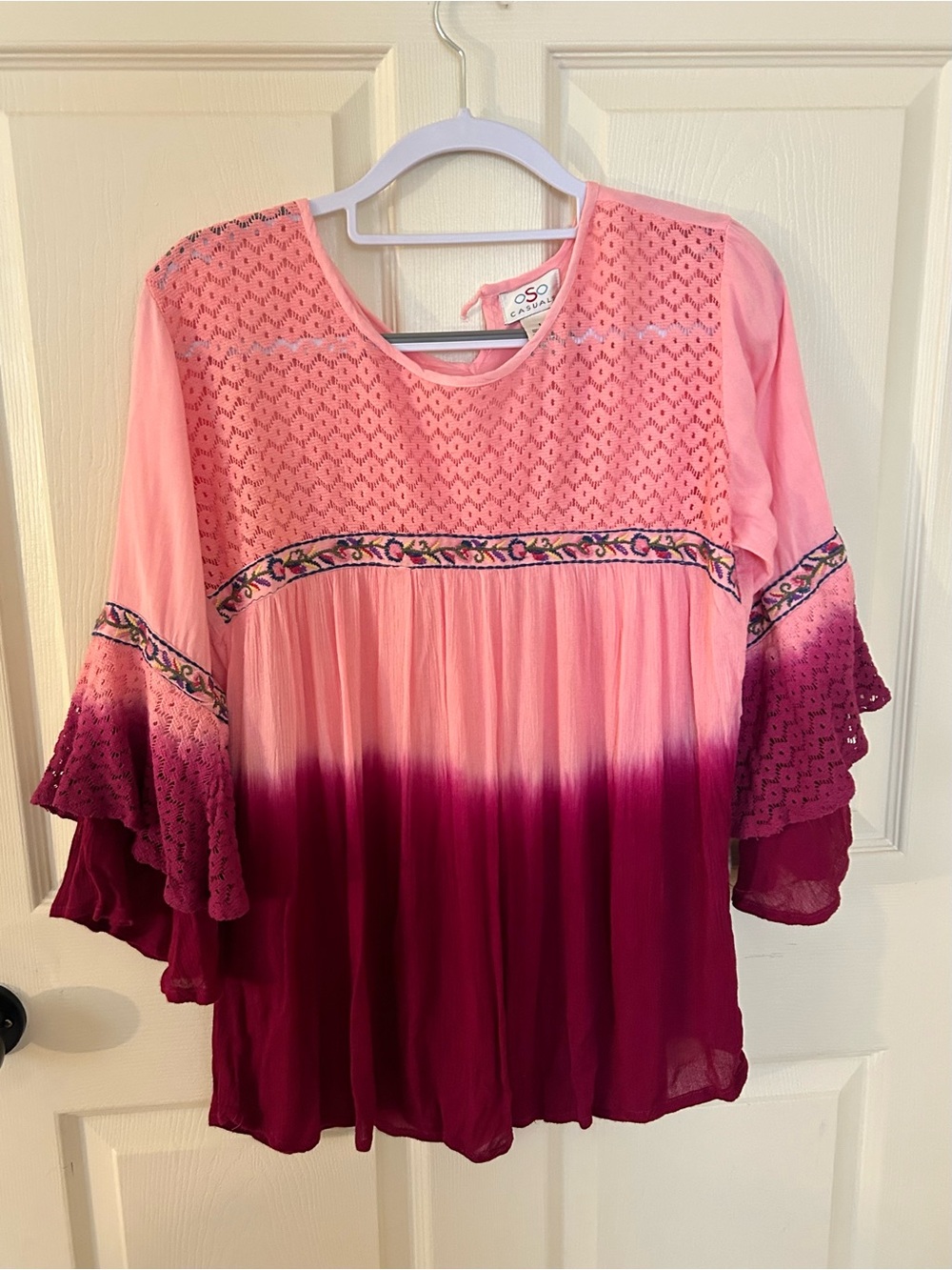 Boho Pink Ombre Lace Peasant Top Size Large Fairy Whimsy